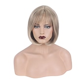 economico parrucca più vecchia-parrucca bionda bob parrucche bionde per le donne parrucca sintetica resistente al calore parrucca bob dritta corta marrone scuro da donna alla moda design evidenziato / parrucche balayage