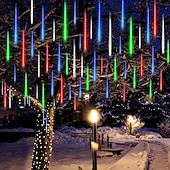 abordables Guirlandes lumineuses à brancher-2 pack pluie de météores lumières de noël en plein air 30cm 8 tubes 192 led chute pluie lumières plug in glaçon neige guirlandes en cascade pour arbre de noël décorations de patio de vacances