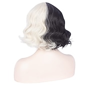 cheap Movie Character Wigs-Black and Blonde Wig for Girls Short Wavy Half Black Half Blonde Wig with Bangs Cruella Deville  Women Cosplay Synthetic Wig Daily Party Halloween Wigs