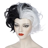 economico Parrucche dei personaggi dei film-parrucca gotica cruella deville parrucca cosplay parrucche in bianco e nero per le donne parrucca di capelli corti ricci ondulati bob carino parrucche sintetiche per il partito parrucche di halloween