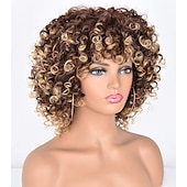 abordables Perruques de qualité supérieure-perruques afro bouclés courts pour les femmes noires perruque de cheveux bouclés afro crépus avec une frange perruques synthétiques douces résistantes à la chaleur pleines perruques bouclées