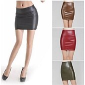 cheap Plain Skirts-Women&#039;s Normal Pencil Bodycon Work Skirts Sexy Mini High Waist Skirts Solid Colored Inelastic Holiday Casual Daily Black Red Brown Summer PU Faux Leather