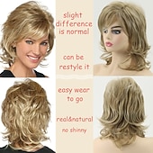 cheap Older Wigs-Short Mixed Blonde Curly Wig with Bangs Natural Wavy Synthetic Wig for Women Short Natural Wavy Wigs