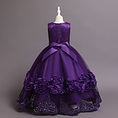 baratos Vestidos floridos-Infantil Pouco Para Meninas Vestido Floral Tecido Vestido A Line Festa Espetáculo Com Transparência Laço Branco Roxo Vinho Assimétrico Sem Manga Princesa Doce Vestidos Primavera Verão Normal 3-12 anos