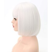economico Parrucche trendy sintetiche-parrucche bianche per le donne parrucca bianca caschetto corto parrucche dritte capelli con la frangia sintetica cosplay party halloween per le donne parrucca sintetica dei capelli vd052c