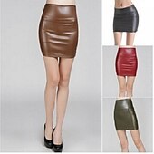 cheap Plain Skirts-Women&#039;s Normal Pencil Bodycon Work Skirts Sexy Mini High Waist Skirts Solid Colored Inelastic Holiday Casual Daily Black Red Brown Summer PU Faux Leather