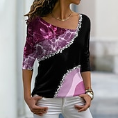 abordables Camiseta de Arte &amp; Diseño-Mujer Camiseta Rosa Azul Piscina Morado Bloque de color Fruta Estampado Manga Larga Diario Fin de semana Básico Escote en Pico Regular Abstracto Pintura Talla Grande S