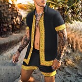 billiga Set med tryckta skjortor för män-Herr Blommig 2st Skjortor Set Hawaii skjorta Kortärmad Korta byxor Nedvikt Mode Hawaiisk Ledigt Utomhus Semester Strand 3D-utskrift Button-Down Sommar Vår Guld + svart Svart Gul