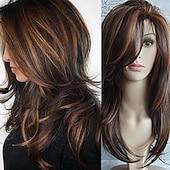billige Syntetiske trendy parykker-brune parykker for kvinner lang cosplay fest sjarmerende parykker for kvinner blandede parykker - svart brun
