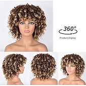 abordables Perruques de qualité supérieure-perruques afro bouclés courts pour les femmes noires perruque de cheveux bouclés afro crépus avec une frange perruques synthétiques douces résistantes à la chaleur pleines perruques bouclées