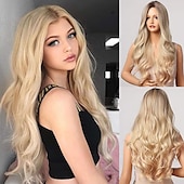 billige Syntetiske trendy parykker-blonde parykker for kvinner brun gradient gull dameparykker, kvinner middels langt krøllet hår naturlig bølget parykker, hvite kvinnelige parykker, cosplay parykker, varmebestandige daglige parykker