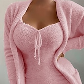 billiga Loungewear till damer-dam loungewear nattset 2 stycken ren färg mode enkel komfort st.patrick&#039;s day street gå ut fleece varm present v tråd ärmlös rem top basic höst vinter hem outfits
