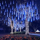 abordables Guirlandes lumineuses à brancher-2 pack pluie de météores lumières de noël en plein air 30cm 8 tubes 192 led chute pluie lumières plug in glaçon neige guirlandes en cascade pour arbre de noël décorations de patio de vacances