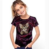 お買い得  女の子の3D動物-女の子 3D 動物 猫 Tシャツ 半袖 3Dプリント 夏 春 活発的 ファッション かわいいスタイル 子供 3〜12年 アウトドア 日常 屋内 レギュラー