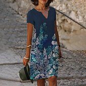 economico Abito Floreale-Abito Midi da Donna Abito Cocktail Collo a V Paillettes Gradiente Nero Elegante Abito al Ginocchio Feste Sera Maniche Corte Fit Regolare