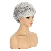 abordables Perruques de fête-Perruques grises pour femmes perruque courte argentée bouclée ondulée pour femmes coupe pixie grise à plusieurs couches avec frange perruques synthétiques pour dames perruque courte en cheveux