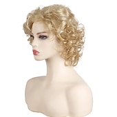 billige Syntetiske trendy parykker-dominique mcelligott parykk korte blonde parykker for hvite kvinner naturlig krøllete bølget blondt hår syntetiske korte parykker julefest parykker