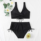 billiga Bikiniset-Dam Vanligt Badkläder Bikini 2 st Kalsonger Baddräkt Hög midja Twist Front Monterad Semester Stylish Ensfärgat V-slits Ärmlös Baddräkter