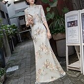 tanie Sukienki sylwestrowe-wieczorowa sukienka typu tuba sukienka vintage gość weselny formalny wieczór długość do podłogi pół rękawa wysoki dekolt satyna z haftem sukienka, która zrobi wrażenie 2025