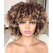 abordables Perruques de qualité supérieure-perruques afro bouclés courts pour les femmes noires perruque de cheveux bouclés afro crépus avec une frange perruques synthétiques douces résistantes à la chaleur pleines perruques bouclées