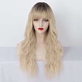 billige Syntetiske trendy parykker-syntetisk parykk bølgete med pannelugg parykk langt a9 syntetisk hår kvinners cosplay party mote blond rosa lilla julefest parykker