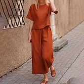 economico Set in cotone e lino-Completo da notte da donna, due pezzi, moda, semplice, comodo, colore puro, elastico in vita, basico, in cotone e lino, completo t-shirt e pantaloni, per la casa, per la festa di San Patrizio, manica corta, girocollo, nero, verde chiaro, blu.