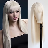 cheap Synthetic Trendy Wigs-Towarm Long Straight Platinum Blonde with Bangs Synthetic None Lace Front Wig for Women Natural Long Straight Middle Part #60 Color Machine Made Cosplay Daily Wear Wig barbiecore Wigs