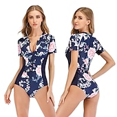 cheap Rash Guards-Women&#039;s Rash Guard One Piece Swimsuit UV Sun Protection Breathable Quick Dry Short Sleeve Bodysuit Bathing Suit Front Zip Swimming Surfing Beach Water Sports Floral Summer / Stretchy / Lightweight