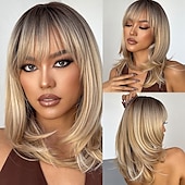 voordelige Topkwaliteit pruiken-synthetische pruik kinky recht met pony pruik lang lichtblond synthetisch haar 20 inch dames modieus ontwerp comfortabel zwart ombre blond