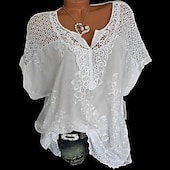 baratos Blusas e Camisas-Mulheres Camisa Social Blusa Tops de ilhas brancas Preto Branco Vermelho Côr Sólida Tecido Renda Meia Manga Casual Diário Vintage Básico Elegante Decote V Padrão S