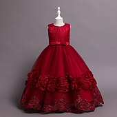baratos Vestidos floridos-Infantil Pouco Para Meninas Vestido Floral Tecido Vestido A Line Festa Espetáculo Com Transparência Laço Branco Roxo Vinho Assimétrico Sem Manga Princesa Doce Vestidos Primavera Verão Normal 3-12 anos