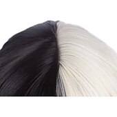 cheap Movie Character Wigs-Black and Blonde Wig for Girls Short Wavy Half Black Half Blonde Wig with Bangs Cruella Deville  Women Cosplay Synthetic Wig Daily Party Halloween Wigs