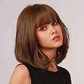 voordelige Synthetische trendy pruiken-bruine bob pruik met pony synthetische pruiken voor vrouwen halflange rechte pruiken natuurlijk ogende pruiken 12inch