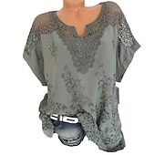 baratos Blusas e Camisas-Mulheres Camisa Social Blusa Tops de ilhas brancas Preto Branco Vermelho Côr Sólida Tecido Renda Meia Manga Casual Diário Vintage Básico Elegante Decote V Padrão S