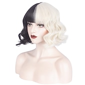 cheap Movie Character Wigs-Black and Blonde Wig for Girls Short Wavy Half Black Half Blonde Wig with Bangs Cruella Deville  Women Cosplay Synthetic Wig Daily Party Halloween Wigs