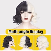 cheap Movie Character Wigs-Black and Blonde Wig for Girls Short Wavy Half Black Half Blonde Wig with Bangs Cruella Deville  Women Cosplay Synthetic Wig Daily Party Halloween Wigs