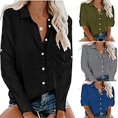 cheap Shirts-Women&#039;s Shirt Linen-Inspired Shirts Button Up Blouse Plain Elegant Business Basic Long Sleeve Shirt Collar Regular Tops Work Daily Weekend Black White Gray Fall &amp; Winter