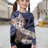 preiswerte Mädchen 3D Tiere-Mädchen 3D Tier Katze T-Shirt Langarm 3D-Druck Sommer Frühling Herbst Aktiv Sport Modisch kinderkleidung 3-12 Jahre Outdoor Täglich Innen Regular Fit