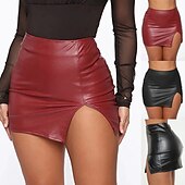 olcso Sima szoknyák-Női Ceruza Bodycon Mini Szoknyák Hasított Fényes fém Egyszínű Éjszakát és speciális alkalomra Randi Nyár Poliuretán Bőrutánzat Szexi Fekete Bor