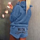 economico Completi pigiami da donna-tuta da casa da donna set 2 pezzi animale gatto caldo peluche comfort casa strada quotidiano pile felpa con cappuccio manica lunga felpa con cappuccio pantaloncini elastico in vita fa casa abiti