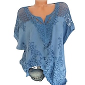 baratos Blusas e Camisas-Mulheres Camisa Social Blusa Tops de ilhas brancas Preto Branco Vermelho Côr Sólida Tecido Renda Meia Manga Casual Diário Vintage Básico Elegante Decote V Padrão S