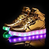 cheap Kids&#039; Sneakers-Gold LED Light-Up High-Top Sneakers for Kids and Men with Colorful Sole, Adjustable Strap, and Shiny Finish