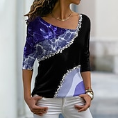 abordables Camiseta de Arte &amp; Diseño-Mujer Camiseta Rosa Azul Piscina Morado Bloque de color Fruta Estampado Manga Larga Diario Fin de semana Básico Escote en Pico Regular Abstracto Pintura Talla Grande S
