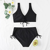billiga Bikiniset-Dam Vanligt Badkläder Bikini 2 st Kalsonger Baddräkt Hög midja Twist Front Monterad Semester Stylish Ensfärgat V-slits Ärmlös Baddräkter