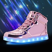 cheap Kids&#039; Sneakers-Gold LED Light-Up High-Top Sneakers for Kids and Men with Colorful Sole, Adjustable Strap, and Shiny Finish