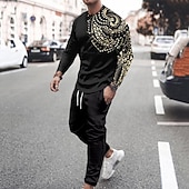 Men's Tracksuit Sweatsuit Black Crew Neck Graphic Bohemian Style Sports & Outdoor Casual Daily Casual Big and Tall Athletic Spring & Fall Clothing Black And Gold4