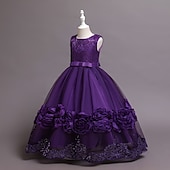baratos Vestidos floridos-Infantil Pouco Para Meninas Vestido Floral Tecido Vestido A Line Festa Espetáculo Com Transparência Laço Branco Roxo Vinho Assimétrico Sem Manga Princesa Doce Vestidos Primavera Verão Normal 3-12 anos