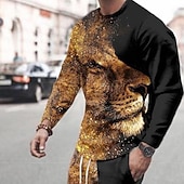cheap Men's 3D Hoodies-Men's Tracksuit Sweatsuit Brown Crew Neck Graphic Lion Casual Daily Holiday Casual Big and Tall Athletic Spring &amp;  Fall Clothing Apparel Hoodies Sweatshirts  Long Sleeve