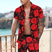 cheap Men&#039;s Printed Shirts Sets-Men&#039;s Rose Floral 2pcs Shirts Sets Summer Hawaiian Shirt Short Sleeve Short Pants Turndown Fashion Hawaiian Designer Outdoor Vacation Beach 3D Print Button-Down Summer Spring Yellow Red Purple