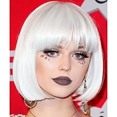 economico Parrucche trendy sintetiche-parrucche bianche per le donne parrucca bianca caschetto corto parrucche dritte capelli con la frangia sintetica cosplay party halloween per le donne parrucca sintetica dei capelli vd052c